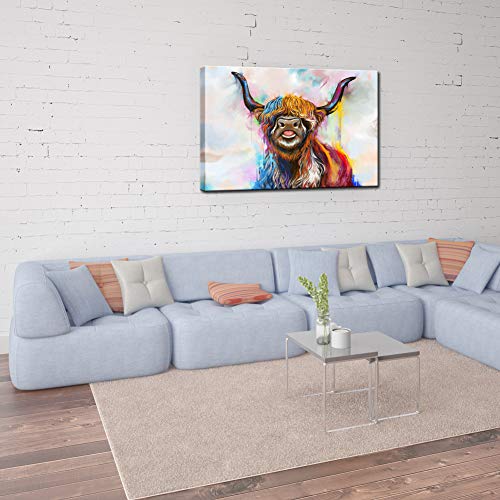 Sechars Funny Cow Canvas Wall Art Colorful Highland Cow Painting Poster Prints Farm Animal Artwork - Farmhouse Living Room Bedroom Kid Room Decor 24X36Inches #TOP2
