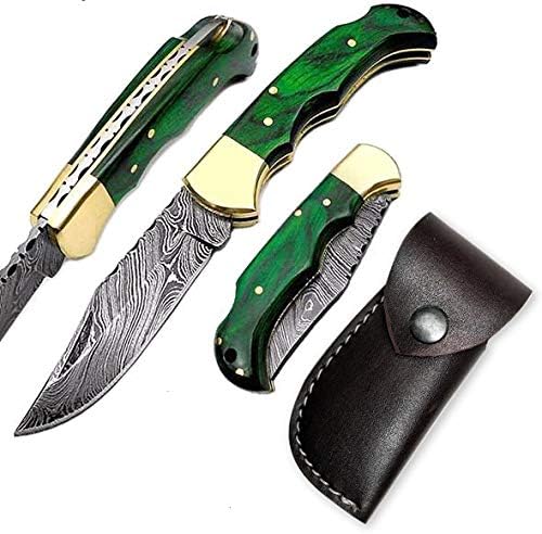 Damascus Pocket Knife, Folding Pocket Knife 6.5” Length Handmade Steel Brass Bolster Back Lock Tactical Knife & Stainless Steel Camel Bone Wood Handle Flip Knife - Hunting, Fishing, Outdoors, Tactical