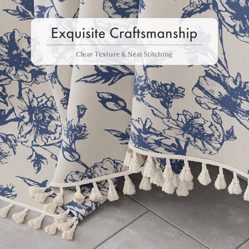 Image of AmazerBath Navy Blue Floral Shower Curtain, Modern Farmhouse Shower Curtain Set with Tassels, Rustic Faux Linen Shower Curtain Washable with Hooks for Cottagecore Style, 72x72 Inches
