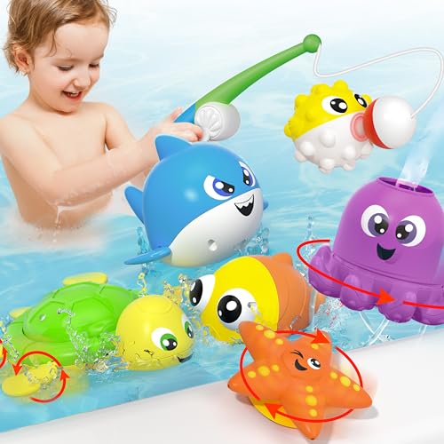 Image of JOYIN Baby Bath Toy Set - Magnetic Fishing Toy with Fishing Rod, Soft Puffer & Clown Fish, Spinning Octopus and Starfish, Wind-up Shark and Turtle - Sensory Development for Infants & Toddler
