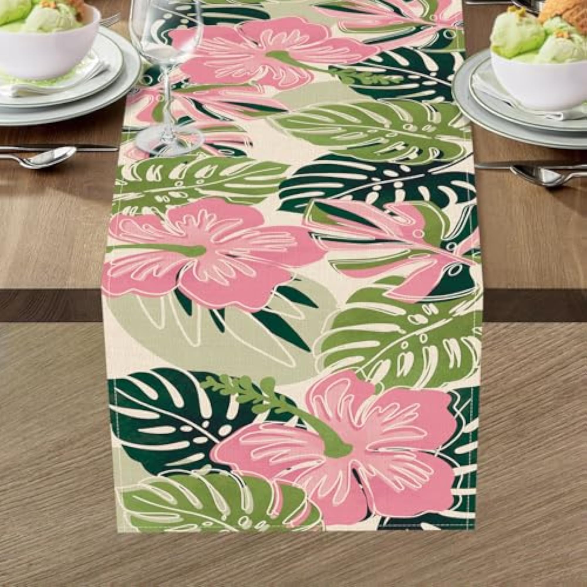 Boho Palm Leaves Table Runner, Floral Kitchen Decor