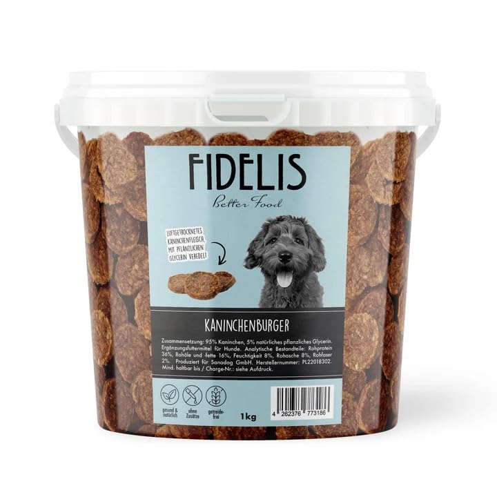 Fidelis – Kaninchenburger für Hunde im wiederverschließbarem 1kg-Eimer - Luftgetrocknete Hunde Leckerlis aus 100% natürlichen Rohstoffen