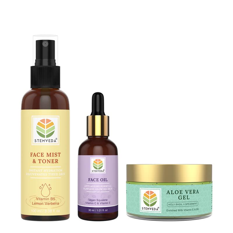 STEMVEDA Refreshing Facial Hydration Kit (Combo Pack of 3) | Suitable for Sensitive Skin | Contents: Face Mist and Toner 100ml, Face Oil 30ml, Aloe Vera Gel 110g