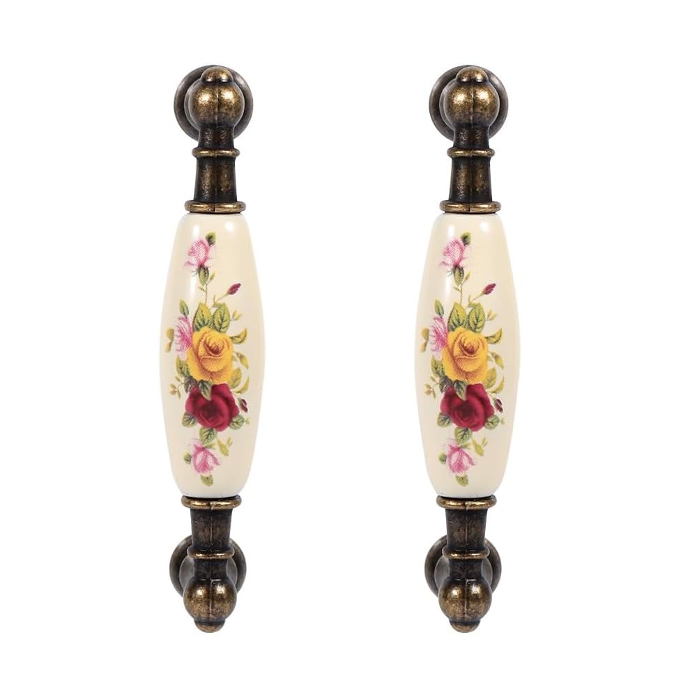 Hapivida Antique Cabinet Handle, Antique Bronze Ceramic Cabinet Door Pulls Vintage Rural Floral Pattern Drawer Dresser Knobs DIY Tray Handles for Furniture Cupboard Drawer (#2-2pcs)