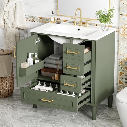 Praxatek 30" Bathroom Vanity with Ceramic Sink, White, Solid Wood