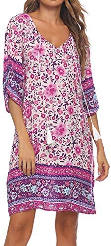 Halife Summer Dresses for Women Casual Tassel V Neck Floral Printed Boho Beach Dress for Island Vacation Pink,L