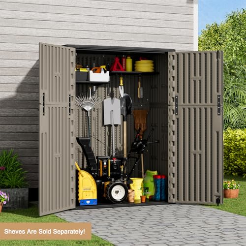 Image of KINYING Outdoor Vertical Storage Shed,57 Cu.ft Outdoor Storage Cabinet Waterproof,Resin Sheds & Outdoor Storage Clearance for Garden,Patio,Backyard,Lockable (Brown)