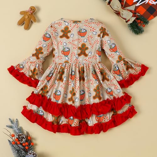 Little Girl Christmas Dress Ruffle Long Sleeve Santa Print Dress Kids Xmas Outfit3