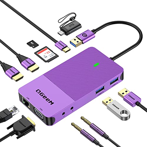 QGeeM USB 3.0 Laptop Docking Station, Triple Display USB Hub Hdmi Dual Monitor,USB Dock with 2 HDMI, VGA, USB 3.0, Card Reder Compatible for MacBook M1 M2 M3 M4 Dell HP Lenovo -Purple