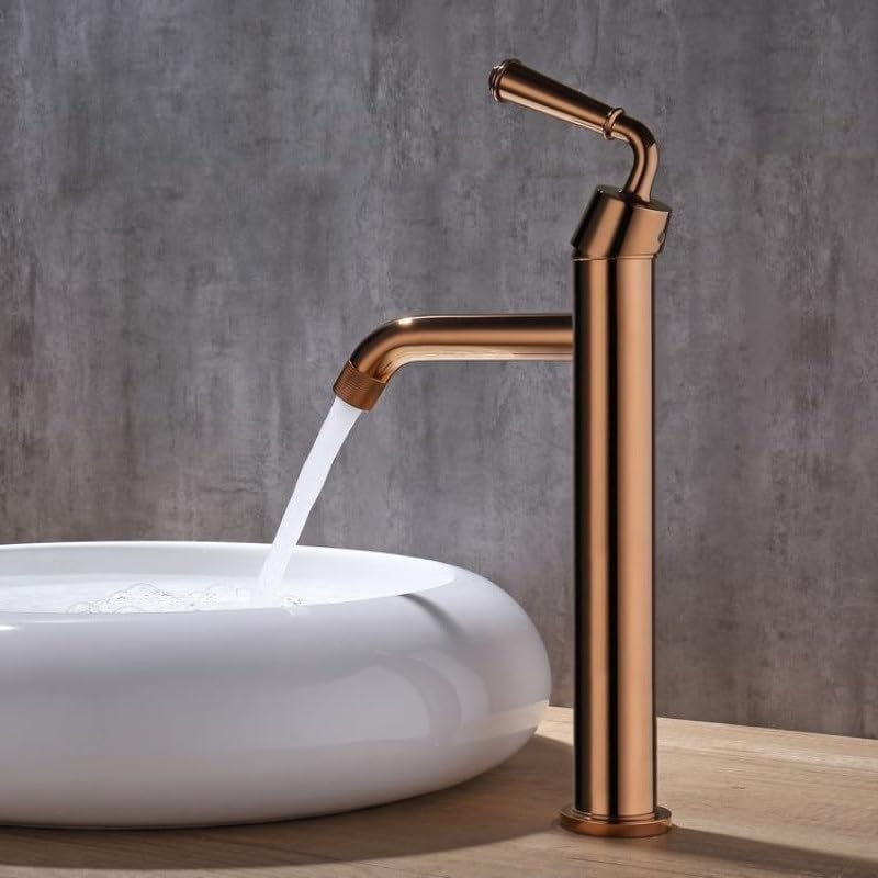 XMKT Rose Gold Tall Brass Single Lever Bathroom Basin Faucet: Hot and Cold Water Mixer Tap For Sink(F)
