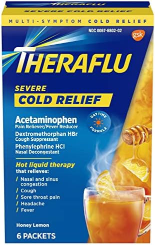 Theraflu Multi-Symptom Severe Cold Medicine, Cold and Cough Medicine Powder Packets, Green Tea and Honey Lemon Flavors - 6 Packets