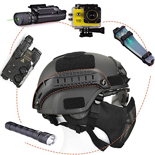 Jadedragon MICH 2000 Style ACH Tactical Helmet with Protect Ear Foldable Double Straps Half Face Mesh Mask & Goggle