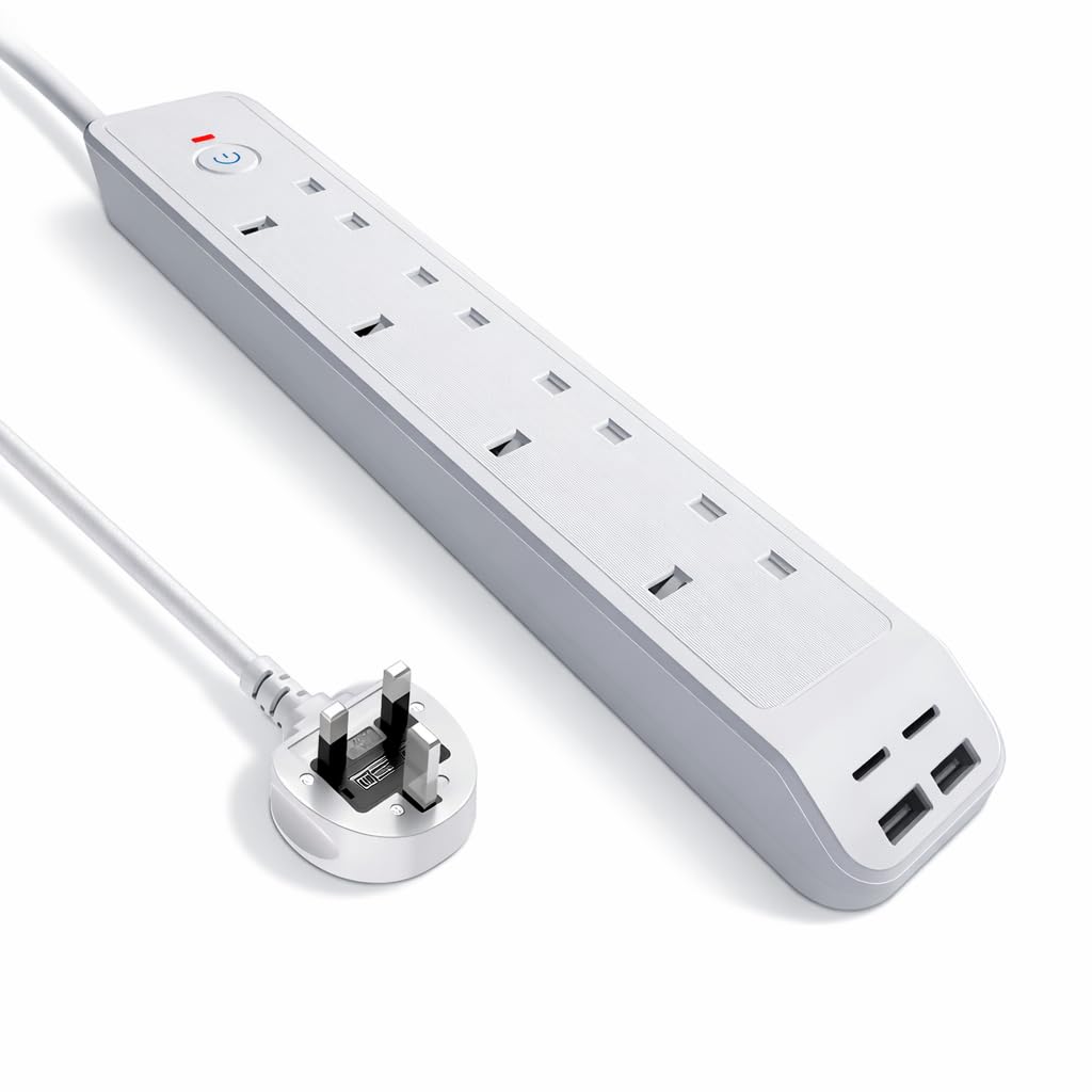 4 Gang Extension Lead with USB C & USB A, 1.8m UK Power Strip, 10A 2500W Multi Plug Extension with Switch, Surge Protected Extension Cable for Home Office Bedroom