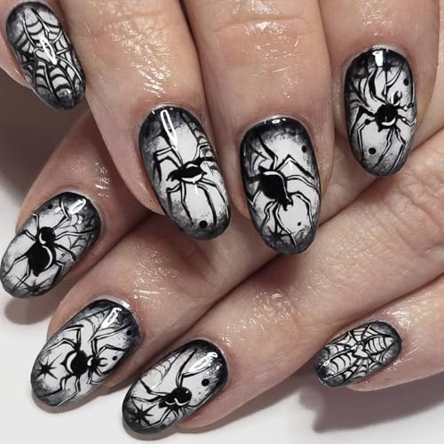 Spider Press on Nails Halloween Short Almond Fake Nails Horror False Nails Press ons with Design - Reusable Artificial Nail Full Cover Glossy Glue on Nail Stick on Nails for Women Manicure 24 Pcs