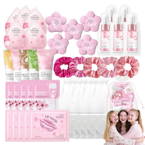 45PCS Sleepover Kit,Spa Party Supplies for Girls,Hangover Kit Fillers,Spa Party Favors Include Facial Masks Skincare,Cleanser,Serum, Hand Cream,Lip Mask,Foot Bath Bombs,Pamper Gift for Spa,Birthday