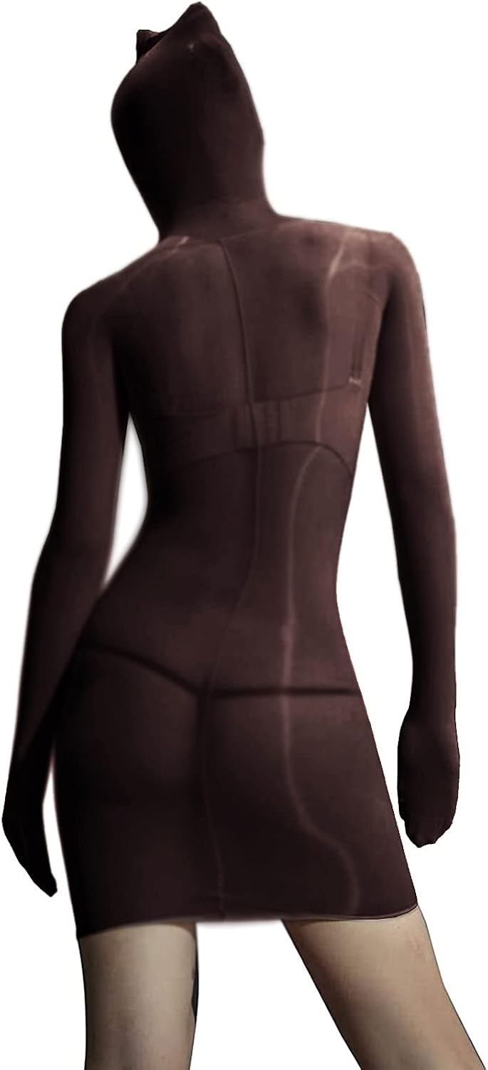 leesuo Unisex 8D Oil Shiny Glossy Sheer Bodystocking See Through Silky Mini Dress with Gloves Hood
