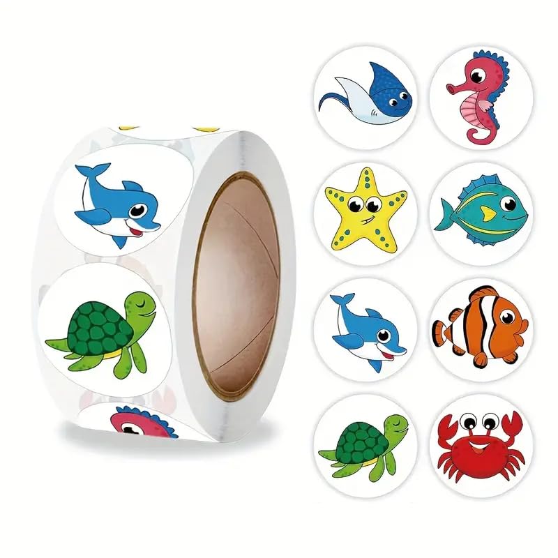 Pegatinas de peces para Niños, stickers de animales acuáticos, pegatinas infantiles, Calcomanías Infantiles de peces, Adhesivos de peces en rollo, 500 pegatinas de 2.5 cm