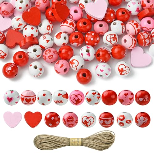 Stiesy 120Pcs Valentines Theme Wooden Beads Wood 16mm Round Beads Red Love Heart Polka Dot Spacer Beads Set for Jewellery Making DIY Bracelet Crafting