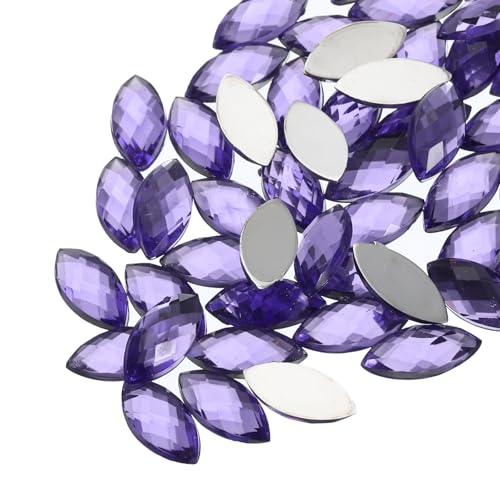 QUARKZMAN 50 Piezas de Gemas de Ojo de Caballo de Acrílico 7x15mm con Parte Trasera Plana de Imitación de Diamantes de Imitación, Bodas, Fiestas, Pintura Facial Color Morado Medio