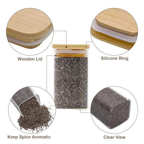 Foto von Withosent Vorratsdosen Glas 12er Set, 280ml Gewürzgläser Eckig Holzdeckel, Vorratsgläser Glasbehälter mit Deckel Klein, Stapelbare Gewürzdosen Küche für Gewürze, Spice Jars