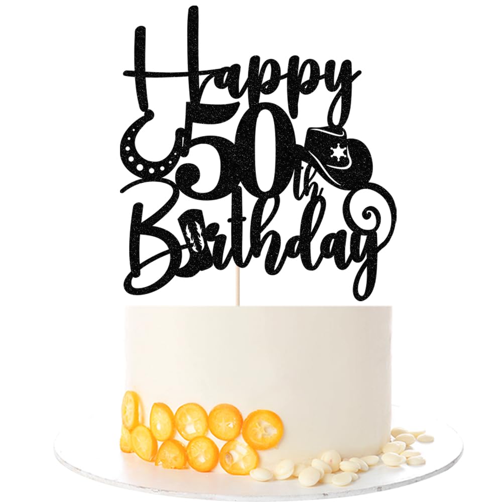 Kaoenla Glitter Black "Happy 50th Birthday" Cowboy Themed Cake Topper - Western Style Party Decoration for 50th Birthday & anniversary photo props Celebration