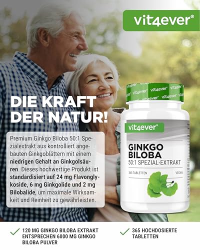 vit4ever Ginkgo Biloba 6000 mg - 365 Tabletten – Premium Extrakt: Mit Flavonglykoside + Ginkgolid-Terpenlactone & frei Ginkgolsäure - Laborgeprüft - Hochdosiert – Vegan