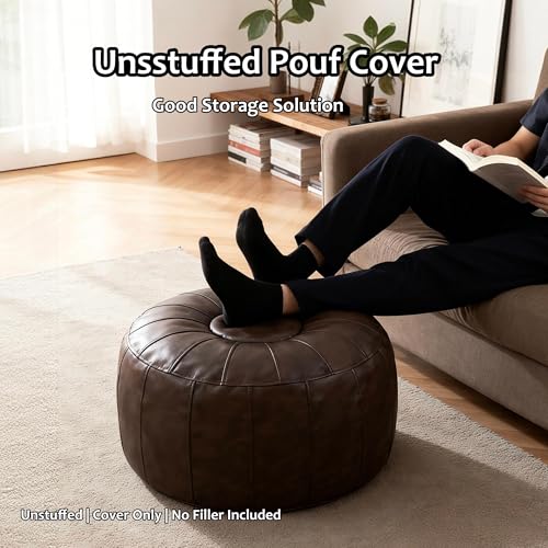 Thgonwid Unstuffed Moroccan Storage Pouf Foot Stool Ottoman Seat Handmade Faux Leather Bean Bag Floor Chair Foot Rest for Living Room, Bedroom or Balcony (Deep Coffee) by Thgonwid - Image 4