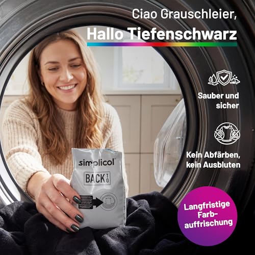 simplicol Back-To-Black Textilfarbe Schwarz 400 g | Farberneuerung für schwarze Kleidung und Stoff | Farbpulver für Waschmaschine für ein intensives Schwarz ohne Abfärben