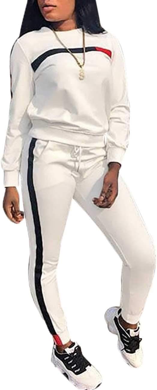 KANSOONWomen Stripe Patchwork Two Piece Sweatsuit Round Neck Pullover and Skinny Long Pants Sets