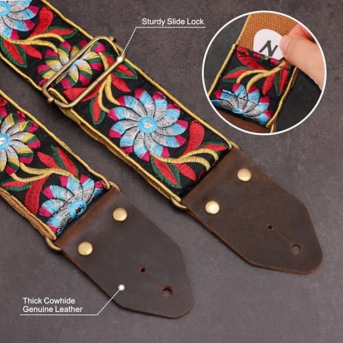 Image of Nefelibata Guitar Strap,Crazy Horse Leather Jacquard Embroidery Cotton Guitar Straps for Bass, Electric & Acoustic, Best Gifts for Guitarists(Retro Black Daisy)