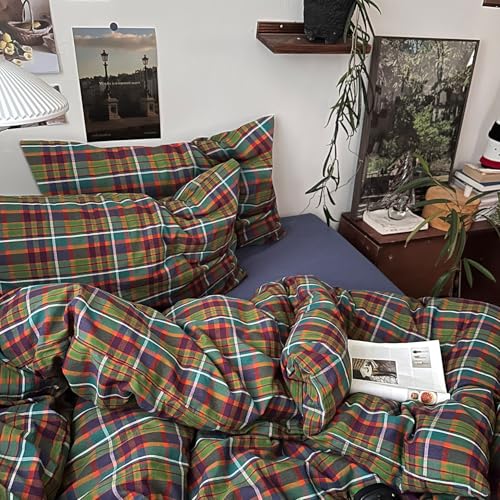 Image of mixinni Buffalo Plaid Duvet Cover Queen Size - 100% Washed Cotton 3-Piece Bedding Set for All Seasons, Retro Grid Design, Soft Breathable Comforter Cover with Zipper Ties for Men, Women-Queen Size