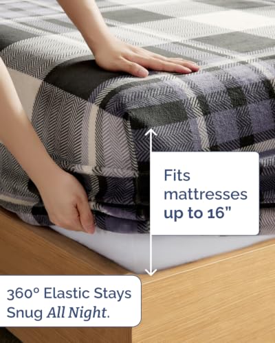 Image of Fleece Sheets Cal King Size Set - 4-Piece Flannel Sheet Set - Grey Tartan