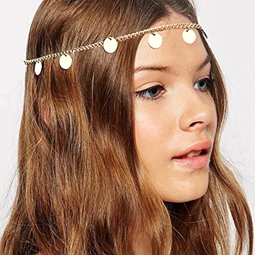 Heread Boho Gold Head Chain Jewelry Sequins Hair Chains Headpiece Festival Prom Fashion Headband Hair Accessories for Women and Girls