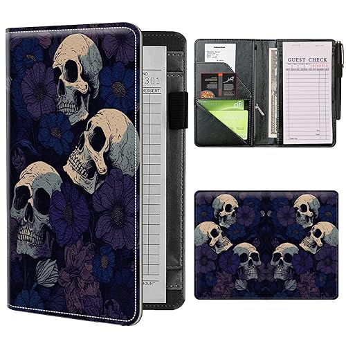 Server Books for Waitress Waiter with Zipper Pocket, Dark Purple Skull Leather Server Pads (5