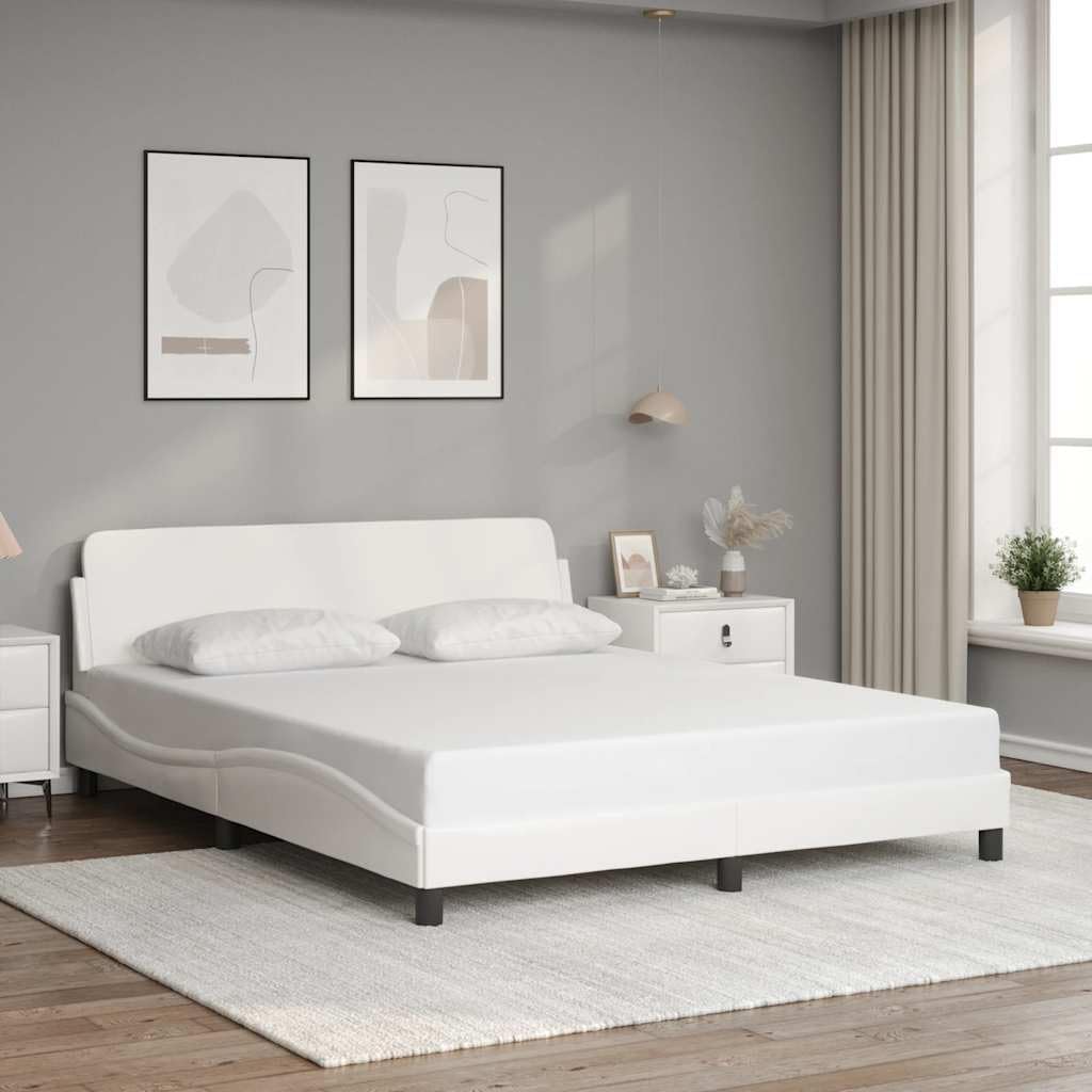 Queen Bed Frame White Faux Leather with Solid Pine Wood and Metal Platform Foundation, Sturdy Slatted Mattress Support for Modern Bedroom