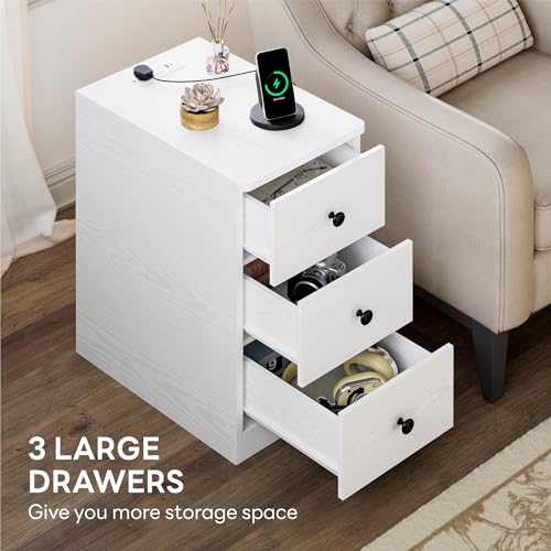 Image of LIKIMIO Nightstand with Charging Station, Narrow Bedside Table with 3 Drawers, End Table with USB Ports and Outlets, Side Table for Living Room /Bedroom Modern
