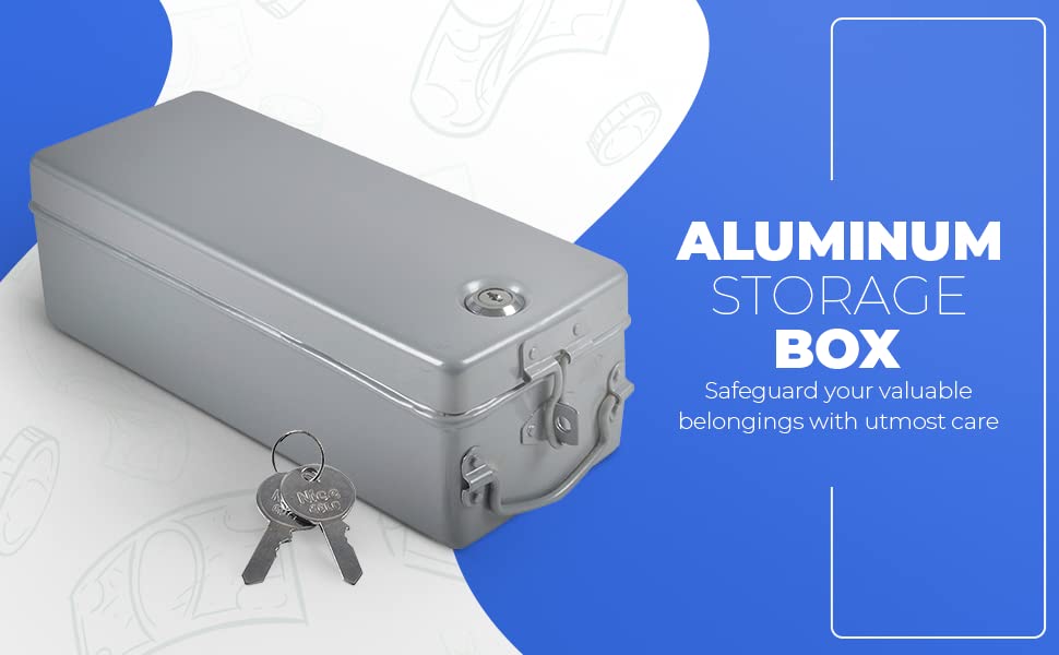 Image of Aluminium Bank Locker Box /Jewellery and Cash Storage Box with Lock - 12 inch Long (Silver Grey)