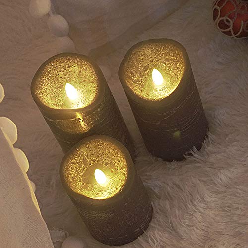 Image of Battery Operated Flameless Candles with Remote Timer Real Wax Realistic Bright Flicker Flickering Electric Electronic LED Pillar Lights Home Wedding Party Decorations Set of 3 Rustic Texture Gray Grey