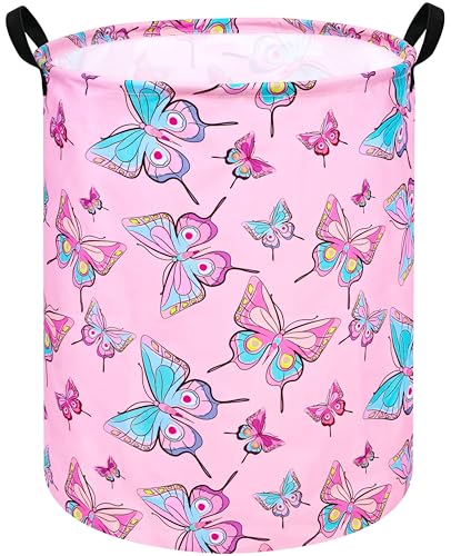 Image of Round Pink Butterfly Laundry Basket Storage Bins Nursery Hamper Gift Baskets for Home,Office,Home Decor