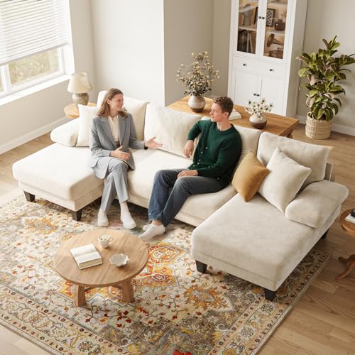 Image of Txtin's Sleeper Sofa with Pull Out Couch Bed | 112 Inch Couches for Living Room | U-Shaped Convertible Sofa Bed | Chenille Warm White