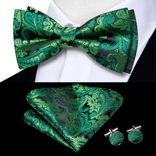 Image of Hi-Tie Bow Ties for Men Pre-Tied Pocket Square with Cufflinks Mens Bowtie Sets for Wedding Formal Party