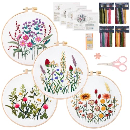 Image of Dremisland 4 Sets Embroidery Kit for Beginners Cross Stitch Kits for Adults with Cute Flowers and Plants Patterns Beginner Embroidery Kit for Adults Follow Instruction Video