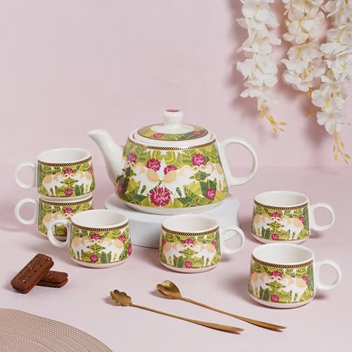 Image of CRAF10 Ceramic Handcrafted Royal Elephant Printed Tea Morning Set - 1 Kettle (1 Litre) & 6 Cups (160 ML) | Microwave & Dishwasher Safe | Teapot | Tea Sets with Kettle for Gifting