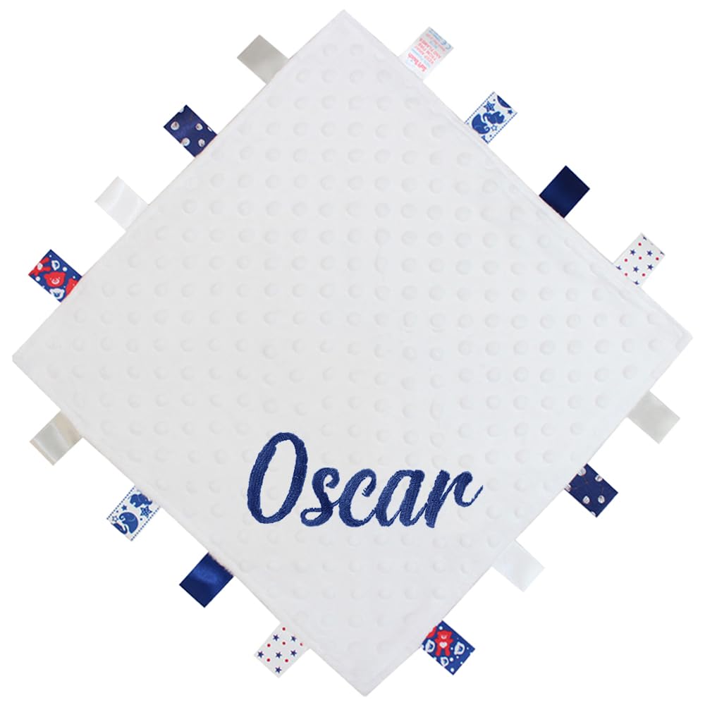 Teddyt's White Personalised Baby Name Embroidered Ribbon Taggy Blanket Comforter In Blue, Pink, Grey Or With Satin Lining (White)