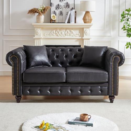 Image of Mid Century Modern Loveseat Sofa, 63.5 inchW Faux Leather Button Tufted Small Couch with Nailhead Trim & Roll Armrest, Upholstered Comfy Chesterfield Sofa for Living Room, Office(2 Seater, Black)