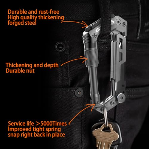 Image of Carabiner Multitool with Pocket Knives, 8-in-1 EDC Carabiners, Serrated Knife, Rope Cutter, Screwdriver, Can Bottle Opener, Ruler, Folding Knife for Camping Hiking, Gifts for Men (Grey)