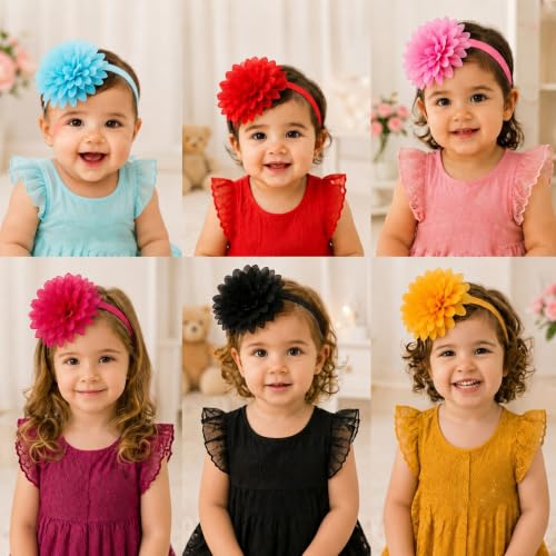 Image of Babymoon Set of 6 | Plain Flowers Soft Synthetic Hairbands for Baby Girls, Infants and Toddlers Headbands | Multi