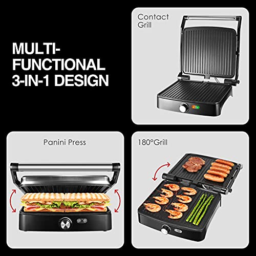 Image of OSTBA Panini Press Grill with Adjustable Temperature, 4-Slice Indoor Grill, 180 Open Sandwich Maker with Drip Tray, Non-Stick Plates, Stainless Steel, 1200W