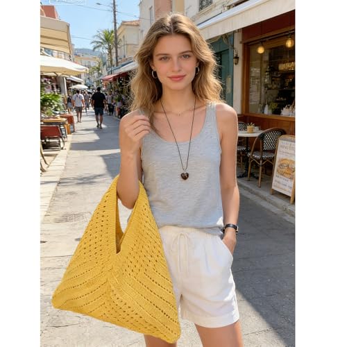 Image of Crochet Beach Tote Bag Summer Vacation Handbags Beach Bag for Women Cute Woven Shoulder Purses Mesh Knit Crochet Bag