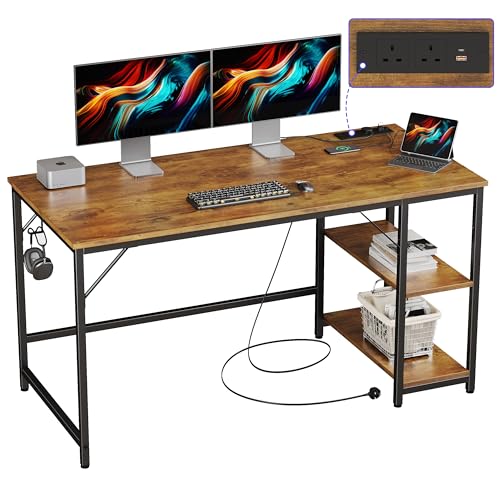 JOISCOPE Computer Desk,140cm Office Desk with Power Outlets and 2 Shelves,PC Desks & Workstation for Student and Worker,Study Table for Writing,Wooden Desk for Bedroom,Home,Office,Vintage Oak Finish